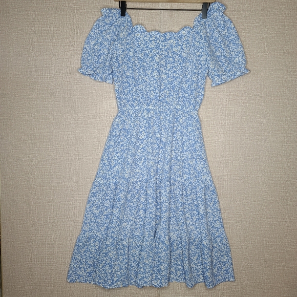 Monteau Women's Medium Blue Floral Print Prairie Midi Dress Scalloped Neck Line - Picture 3 of 13